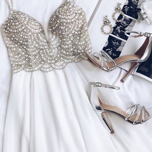 White Beaded Rhinestone Maxi Dress